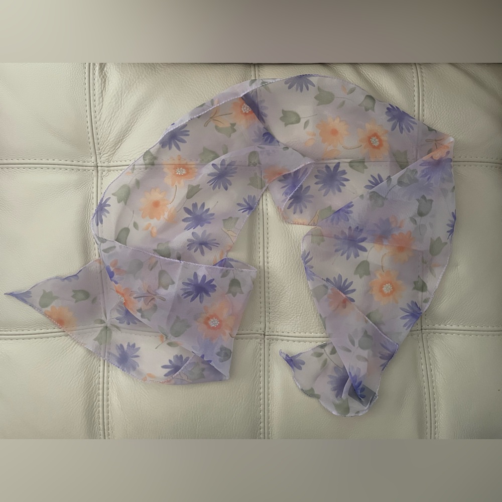 Sheer Pastel Floral Scarf Vintage Long Silk Feel Purple Peach 90s Light & Flowy